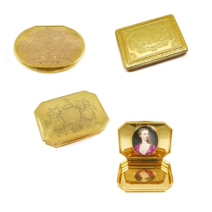 George II canted rectangular gold box, English c.1750, engraved with the arms of Earl Ferrers, a miniature of a lady by Christian Friederick Zincke within,